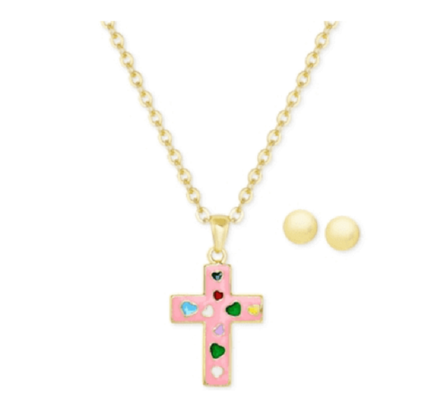 Macy's Children Pink Cross Pendant Necklace Stud Earrings Set Sterling