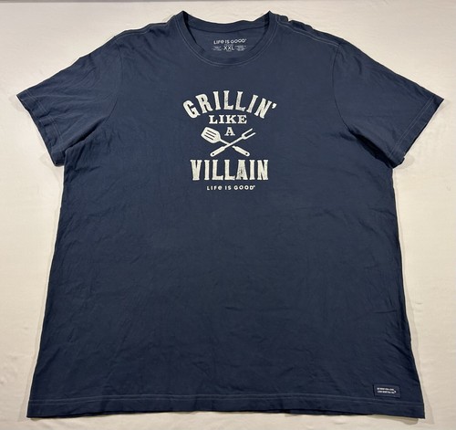 Life is Good Mens XXL Short Sleeve Blue Tshirt Grillin’ Like A Villain