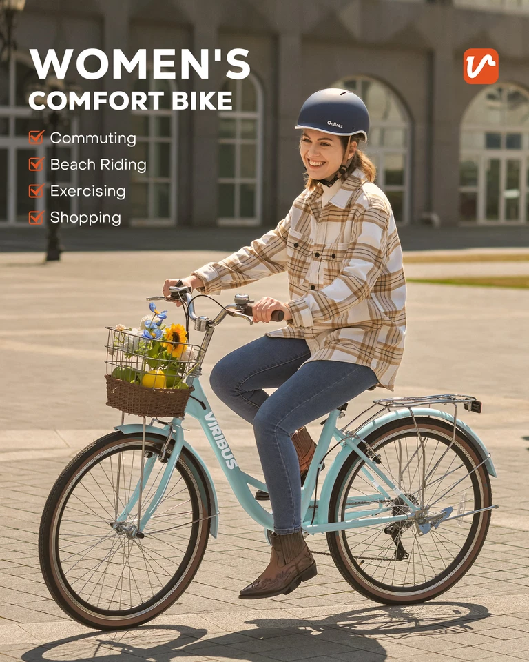 Bicicleta VIRIBUS 24""/26" Adulto Bicicleta 7 Velocidades Playa Crucero con Cesta para Hombres Mujeres Foto 4 de 4