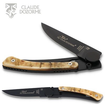 Claude Dozorme Le Thiers Messer schwarz - Helles Widderhorn - Clip - Liner Lock