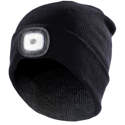 Lunartec Schwarze Strickmütze mit LED-Licht und USB-Ladefunktion