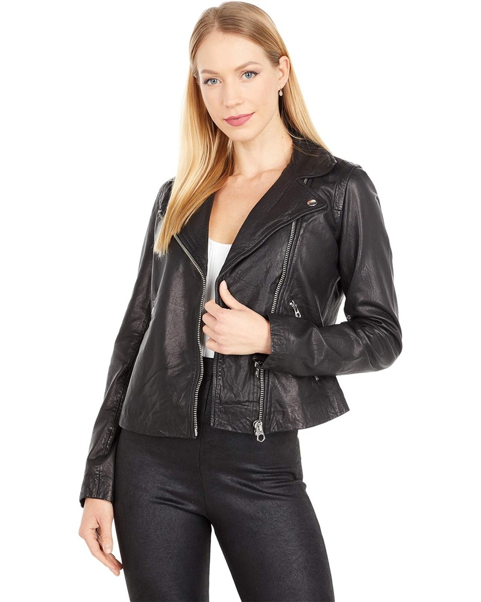 NEW Madewell Washed Leather Motorcycle Jacket in black- size S