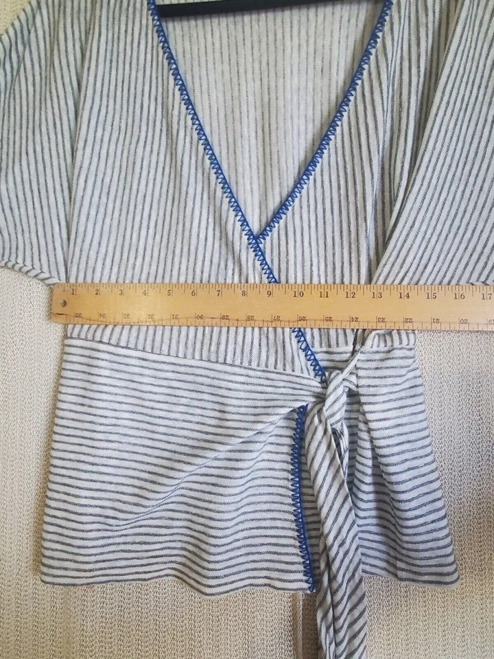 Top envolvente Sundance Freya XS para mujer lino azul punto de látigo a rayas náutico preppy Foto 2 de 4