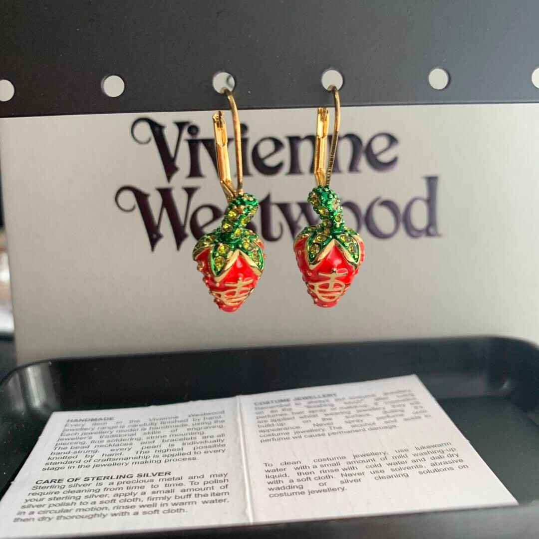 Vivienne Westwood Strawberry Earrings Logo Red Gold Women's