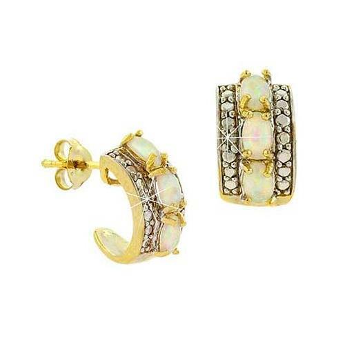 Boucles D'oreilles Demi-Créoles 18K Or Sur Argent 925 - Opale Et Diamant - Silverspeck