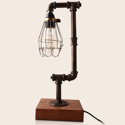 Retro Industrial Steampunk Plug Desk Light Rustic Metal Pipe Table Lamp Cage Set - Picture 5 of 9