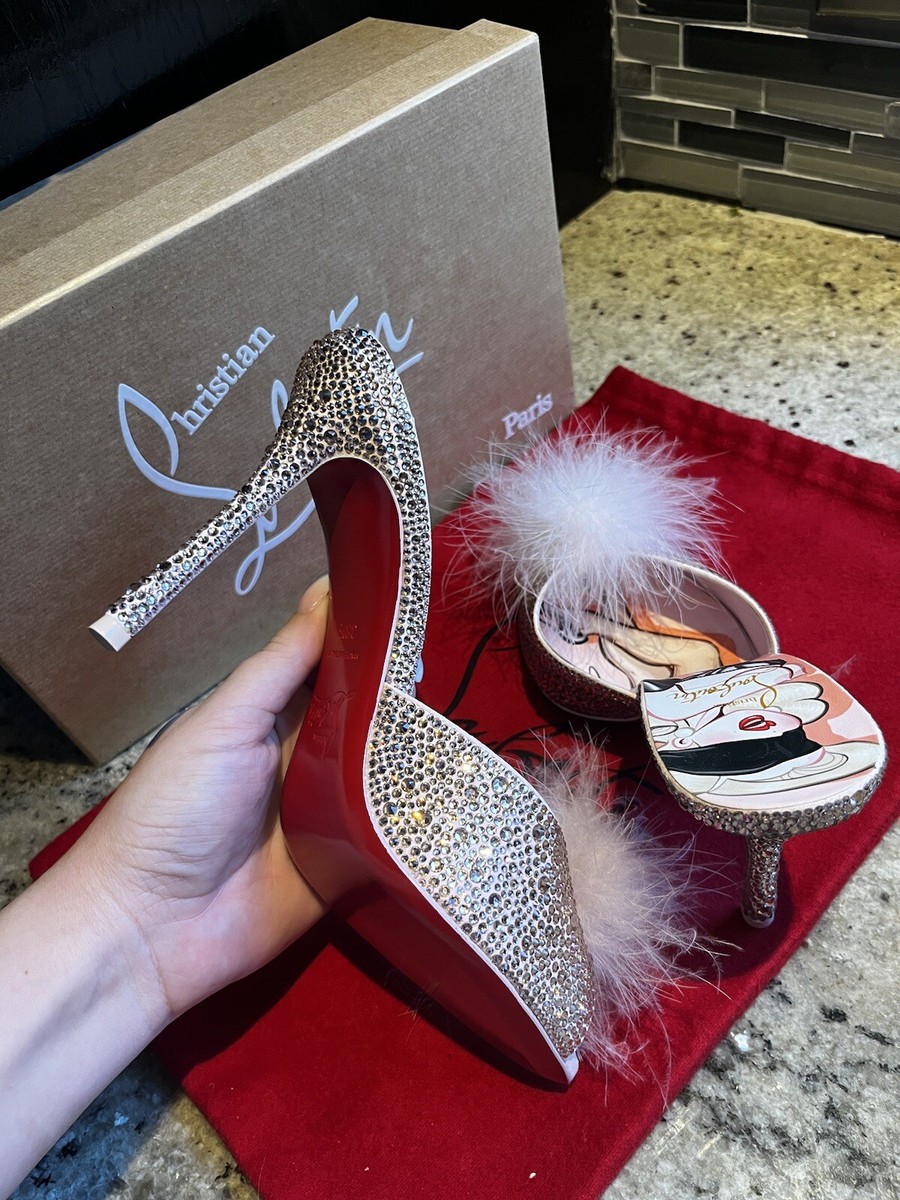 Louboutin PIN UP STRASS pink crystal heels 100 mules feather