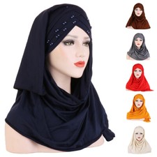Women Beads Hijab Instant Scarf Shawl Muslim Turban Pull On Prayer Headscarf