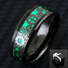 8mm Tungsten Gunmetal Steampunk Clockwork Gears Green Carbon Fiber Wedding Ring