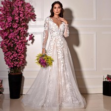 Long Sleeve V Neck Lace Illusion Exquisite Wedding Dresses for Women Perspective