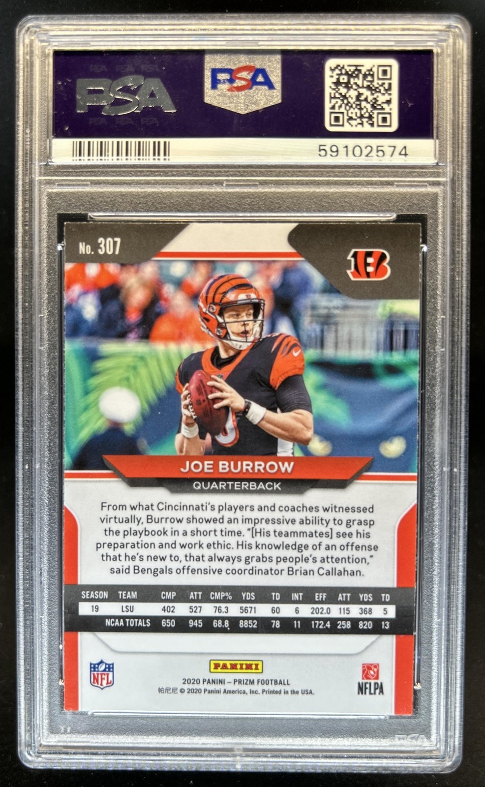 2020 Panini Prizm Joe Burrow SP Rookie RC #307b Bengals PSA 10 GEM MINT view 2