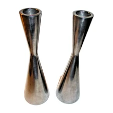 2-Candle Holders Polished Chrome-Tone Aluminum Tapered Cone Shaped Sleek Modern