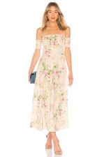 Zimmermann Iris Shirred Dress Size AU/UK 1 US 00 Midi Pink Floral Off Shoulder