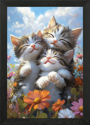 Three Kittens in Flowers Framed Wall Art Poster Canvas Print Picture