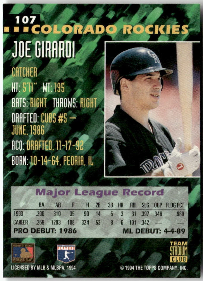 1994 Stadium Club Team #107 Joe Girardi First Day Issue - Image 2 of 2