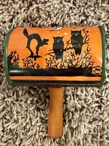 Vintage Halloween Tin Litho Noisemaker Wooden Handle 1940’s T. Cohn- Super Loud