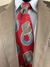 Hardy Amies London Mens Silk Tie Red Gray Blue Geometric Abstract Wide