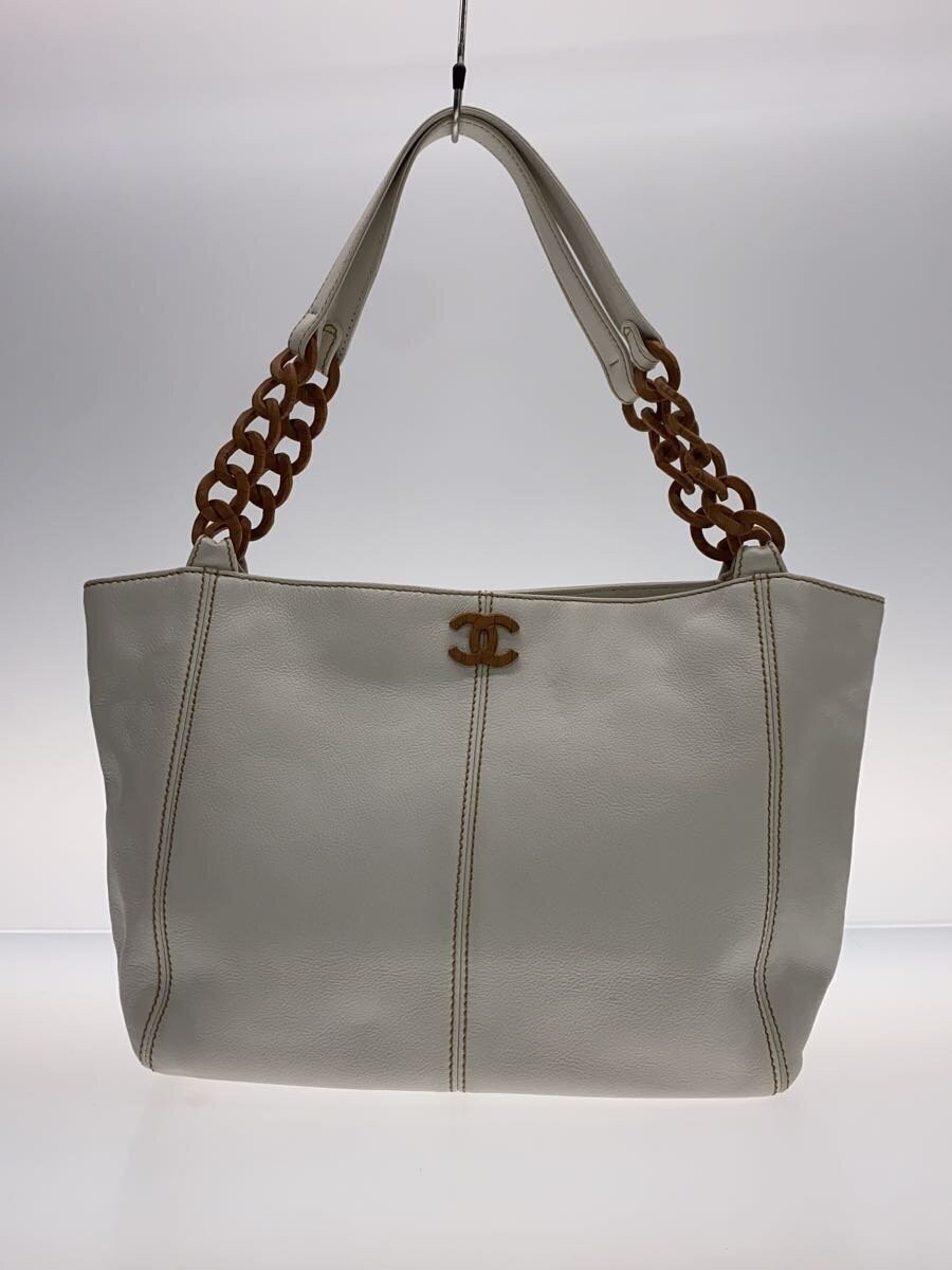 CHANEL Leather Tote Bag with Wood Chain Coco Mark Minor Stains