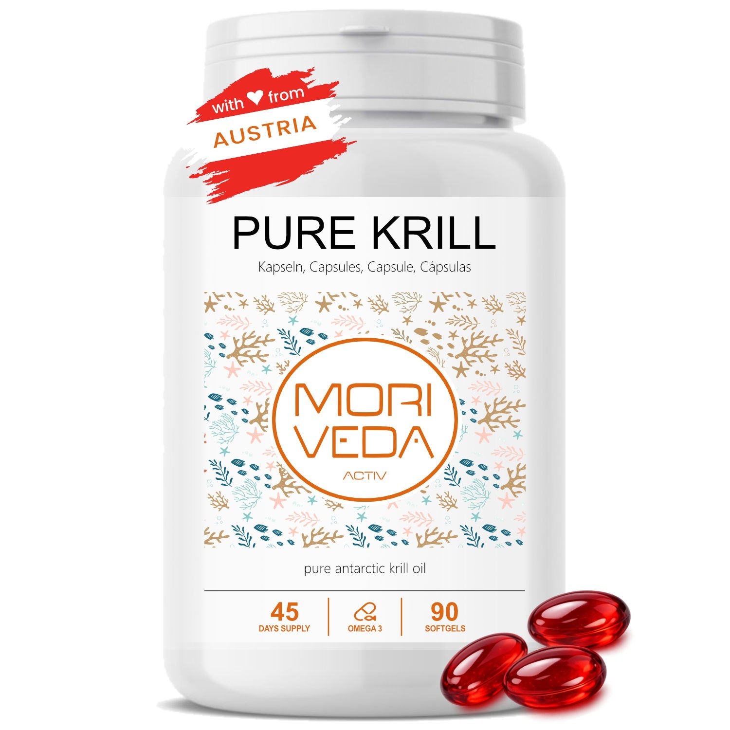 Cápsulas de aceite de krill antártico puro MoriVeda 500 mg, 90 unidades, con omega 3, EPA, DH
