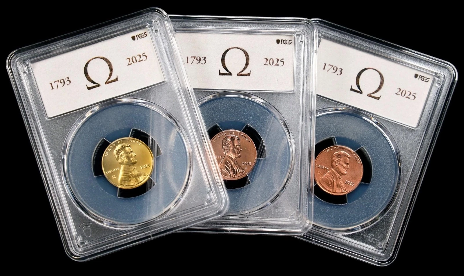 2025 OMEGA LINCOLN PENNY 3 COIN SET #70 US MINT PCGS PCGS MS-69/65RD/66R D