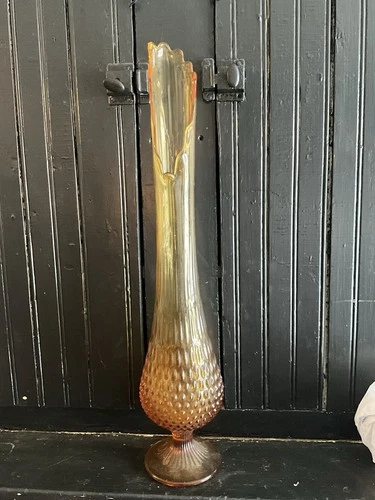 22” Vintage MCM Amber Fenton Hobnail Swung Glass Vase Pedestal Base