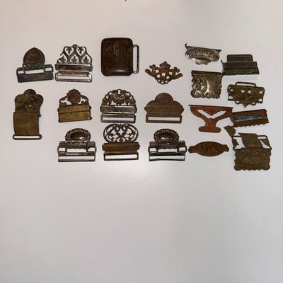 19pc Antique Victorian Gents Suspender Buckle Lot Brass Nickel Filigree 1892 Pat