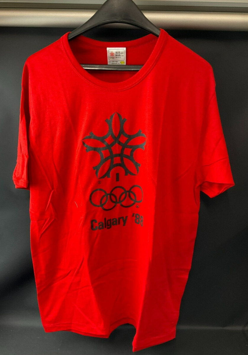 トップス 80s  olympic winter games tee Vintage 1988 Calgary Winter Olympics Size XL Red Cotton T-Shirt