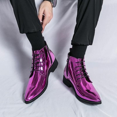 Mens British Point Toe Dress Business Lace Up Shiny Wedding Side Zip Shoes Retro