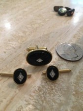 Vintage Black and Crystal Cufflink and Two Matching Studs