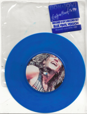 Bon Jovi Lay Your Hands On Me limited edition 7 inch UK blue vinyl single, mint