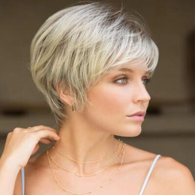 Short Layered Blonde Pixie Cut Wigs w/ Bangs for White Women Synthetic Hair Wig