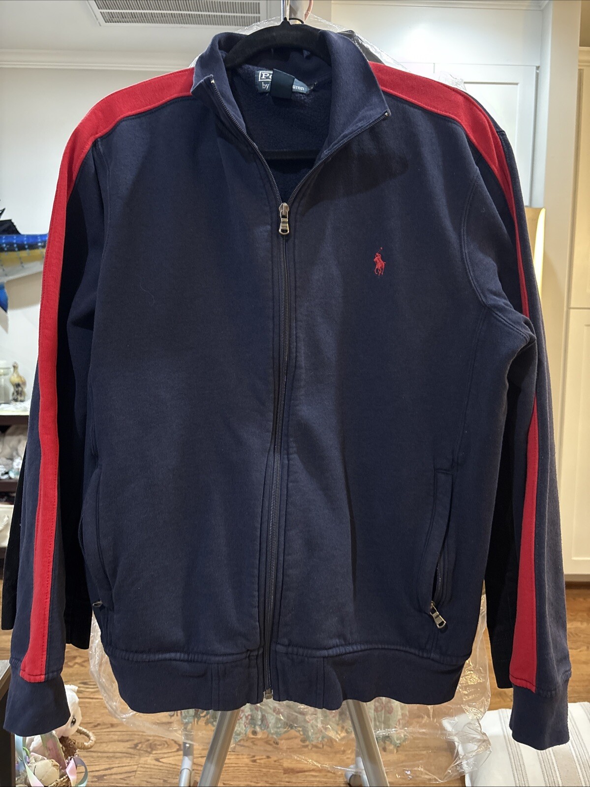 PONY POLO VINTAGE RALPH LAUREN taglia L uomo giacca full zip performance cotone blu rosso