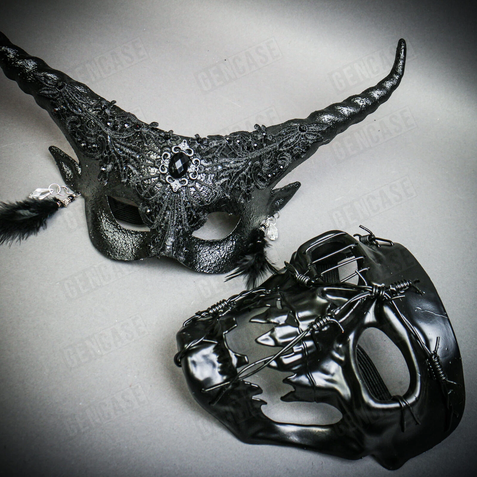 Black Pirate Skull Full Face w/ Long Horns Elegant Devil Eye Black Couple Mask