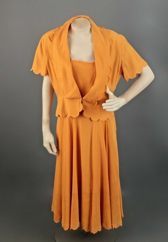 VTG Women's 40s 50s Mustard Yellow Rayon Sundress Set Sz S 1940s 1950s Dress