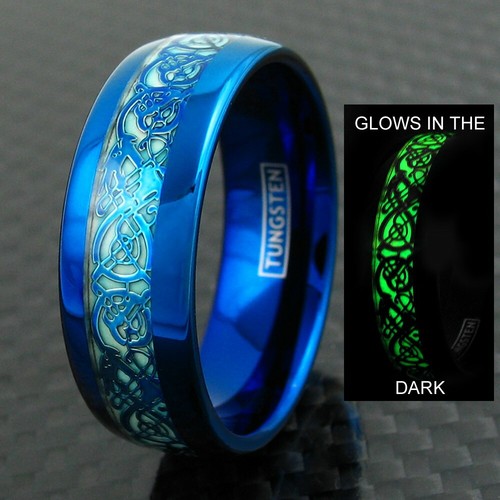 Bague homme en tungstène bleu 8 mm dragon celtique * brille dans le noir * bande de mariage - Photo 1 sur 7