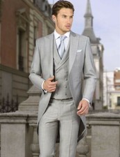 Gray Peak Lapel Men Tailcoat Suit Groom Tuxedo Wedding Prom Dinner Party Suit