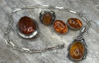 VTG Sterling Silver Baltic Amber Jewelry Set Necklace, Pendant, Earrings & Ring
