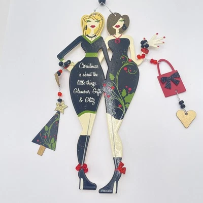 Christmas Glamour Gifts Glitz Wood Wall Hanging Plaque Two Women Holiday Decor - Image 1 of 4