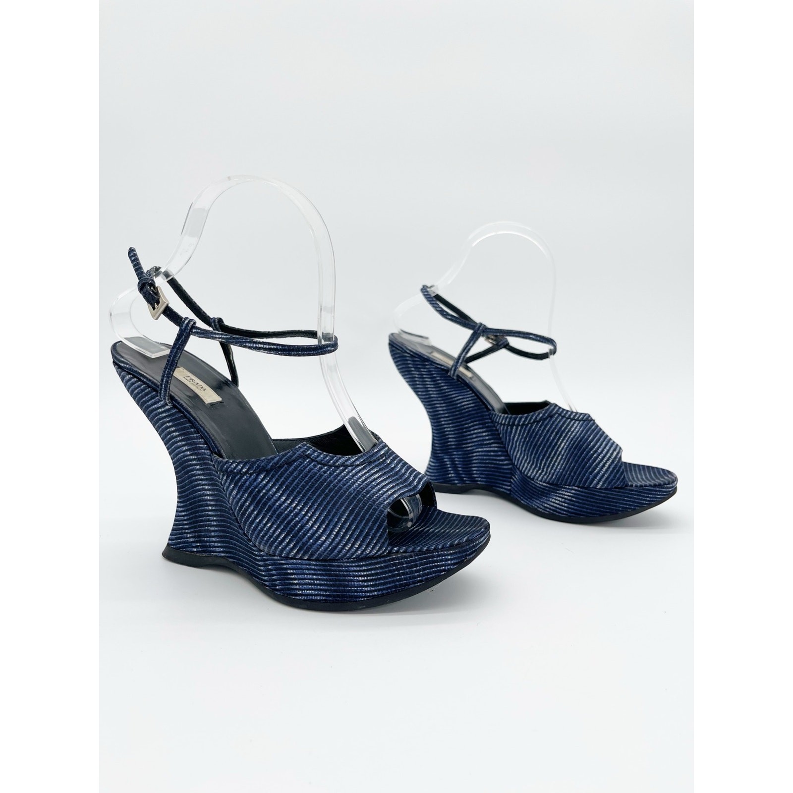 Prada Vintage Fall 2004 Runway Blue Wavy Striped Platform Wedge Sandals IT 38.5 image 2