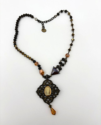 Vintage Art Wear Dimitriadis Cameo Necklace Bronze Filigree Crystal Statement 