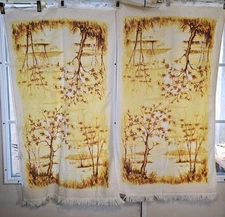 Sayco Bath Towel Set Yellow Fringed Screen Print Retro 70's MCM Sunset Moon Tree