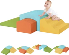 4-Piece Toddler Climbing Toys Indoor, Baby Climbing Blocks with a Tunnel, Soft F