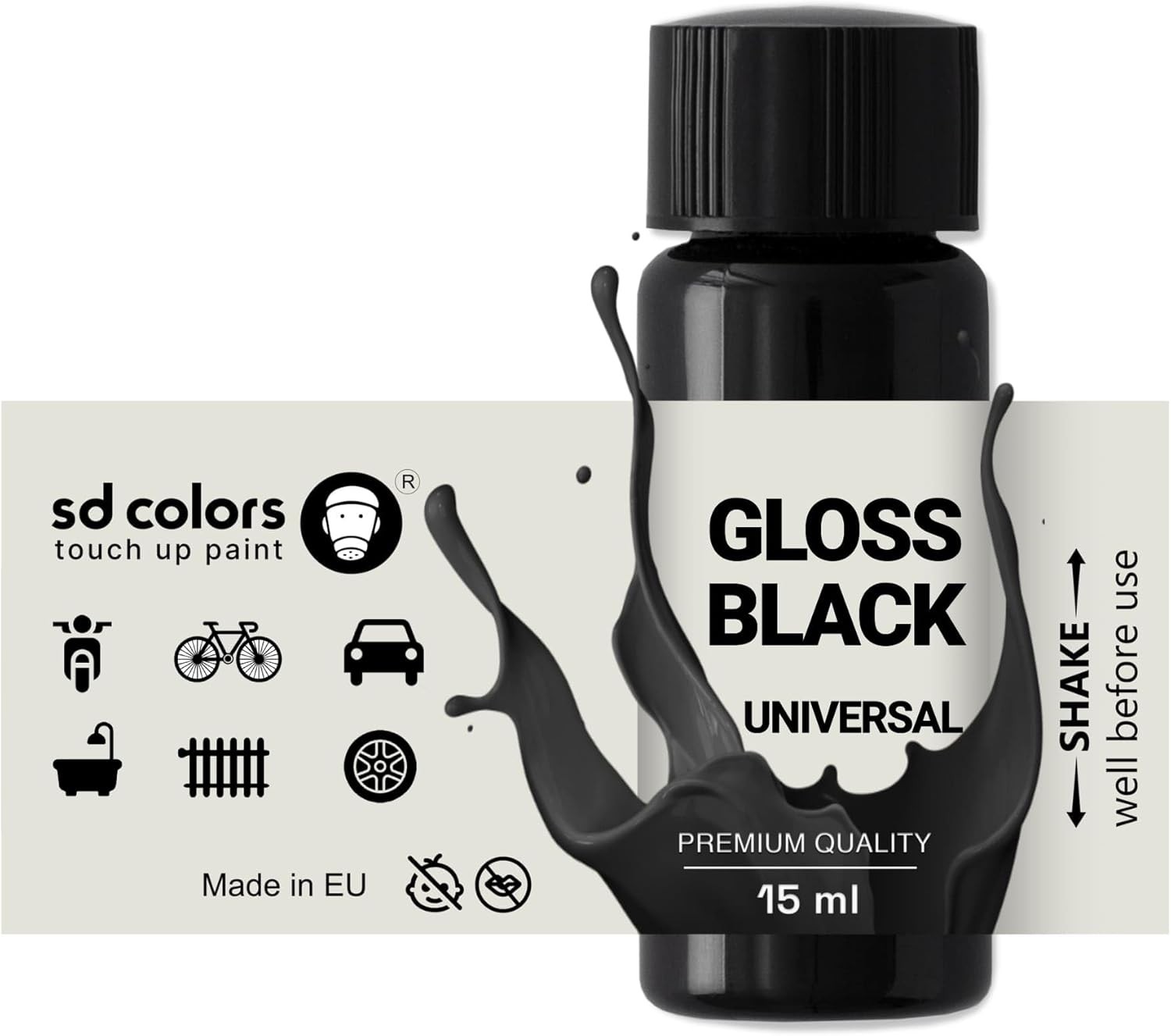 SD COLORS TOUCH UP PAINT UNIVERSAL GLOSS BLACK 15ml for Repair Stone Chips Scra
