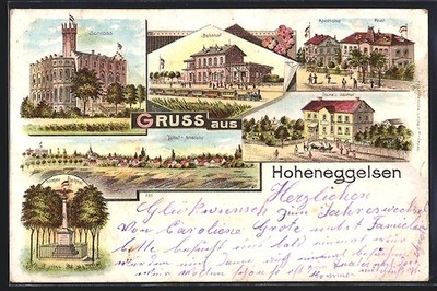 Lithographie Hoheneggelsen, Bahnhof, Frickes Gasthof, Apotheke, Post 1900 