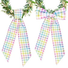 2Pcs Easter Wreath Sash for Front Door Pastel Plaid Garland Ribbon for Party Hom