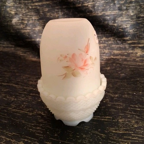 Fenton Hand Painted Glass Floral Candle Holder White Pink Signed A. Mace Votive