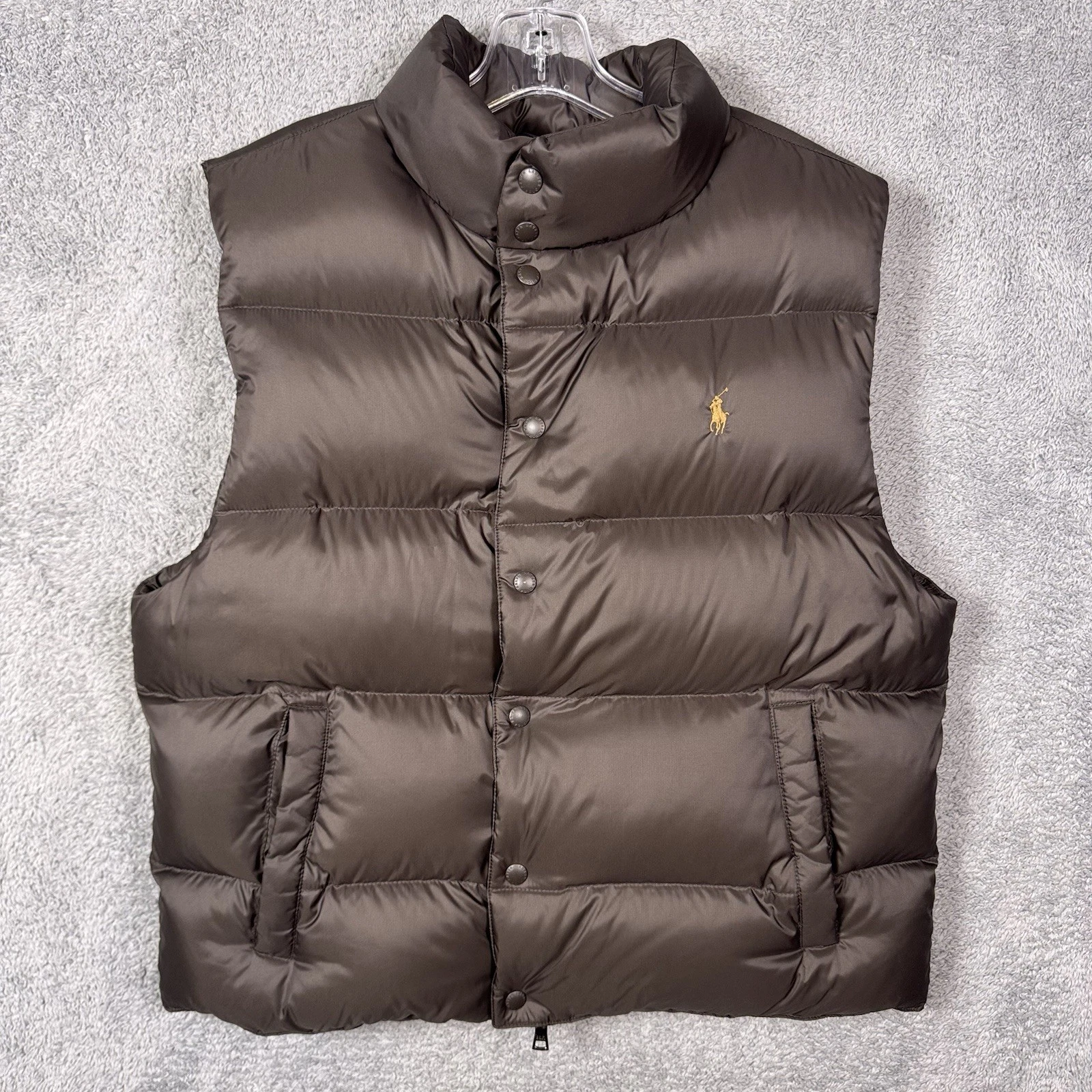 Polo Ralph Lauren Down Vest Men L Full Zip Snap Puffer Quilted Vintage 90s Brown