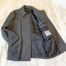 HARRIS TWEED Wool Peacoat Herringbone Gray Mens Size L Made in Japan
