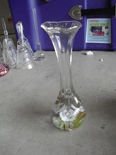 TALL Clear Hand Blown Art Glass Vase with Flowers in Base LOOK