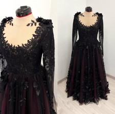 Black And Red Floral Gothic Wedding Dresses Black Flower Tulle Lace Bridal Gowns